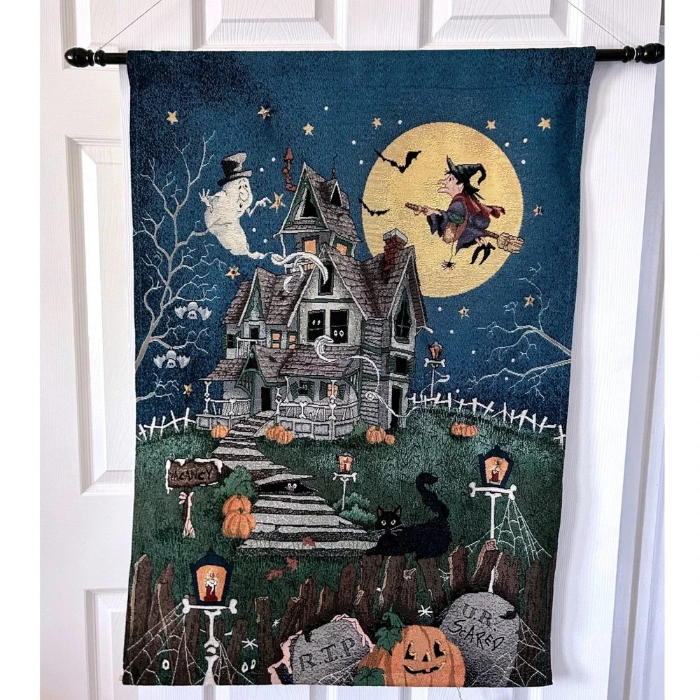 VTG MWW Boo Hill Light Up Halloween Tapestry Whimsigoth Haunted House 26x36